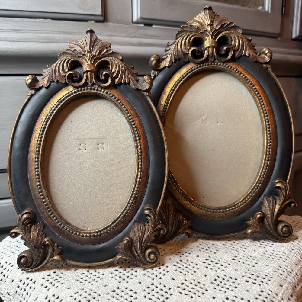 Vintage Pair Oval Ornate Carved Picture Frame Victorian Baroque Rococo 4x6 5x7